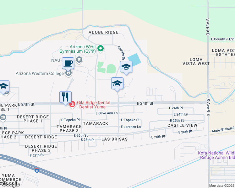 map of restaurants, bars, coffee shops, grocery stores, and more near 2353 Otondo Drive in Yuma
