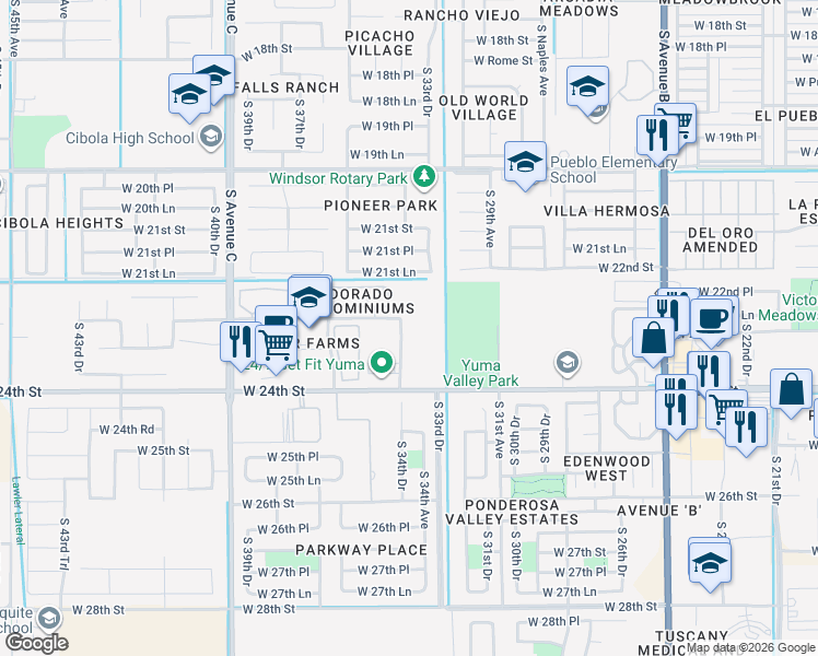 map of restaurants, bars, coffee shops, grocery stores, and more near 2317 South 34th Drive in Yuma