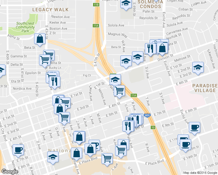 map of restaurants, bars, coffee shops, grocery stores, and more near 116 Palm Avenue in National City