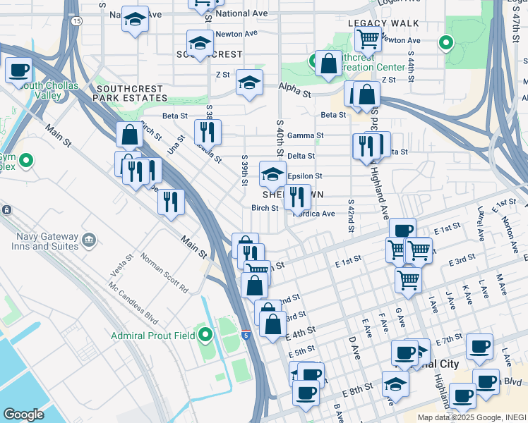 map of restaurants, bars, coffee shops, grocery stores, and more near 6936 San Diego Trolley in San Diego