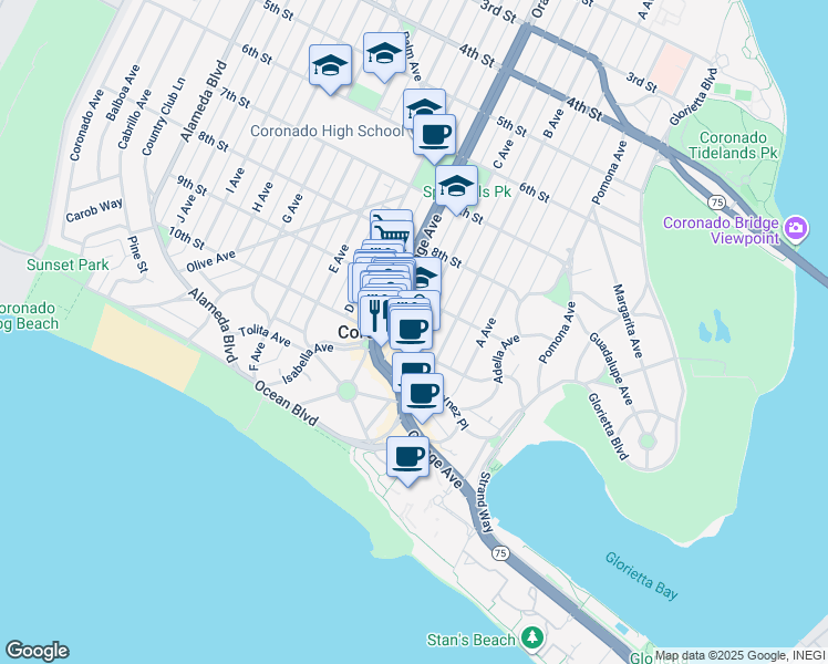 map of restaurants, bars, coffee shops, grocery stores, and more near 926 C Avenue in Coronado