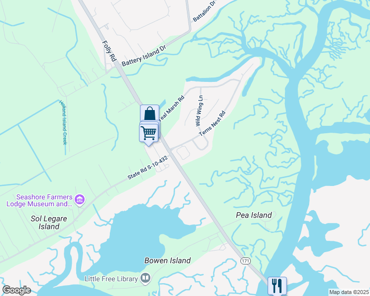 map of restaurants, bars, coffee shops, grocery stores, and more near 1984 Folly Road in Charleston