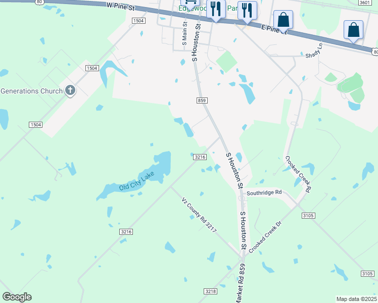 map of restaurants, bars, coffee shops, grocery stores, and more near County Road 3216 in Edgewood