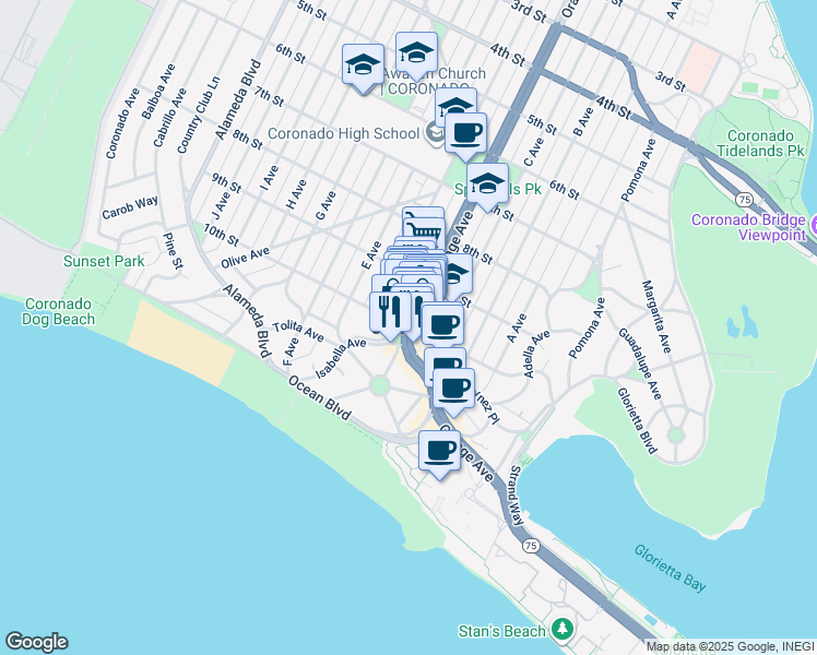 map of restaurants, bars, coffee shops, grocery stores, and more near in San Diego