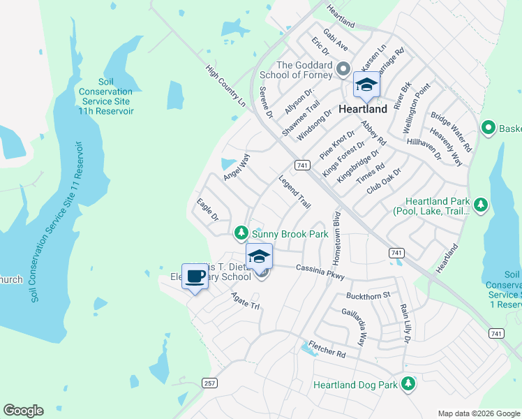 map of restaurants, bars, coffee shops, grocery stores, and more near 4116 Princess Point Court in Forney