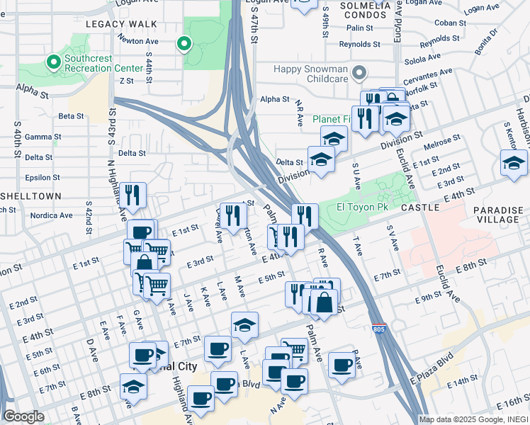 map of restaurants, bars, coffee shops, grocery stores, and more near 116 Palm Avenue in National City