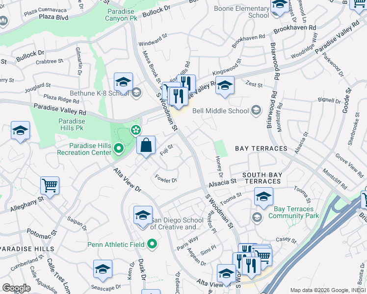 map of restaurants, bars, coffee shops, grocery stores, and more near None in San Diego