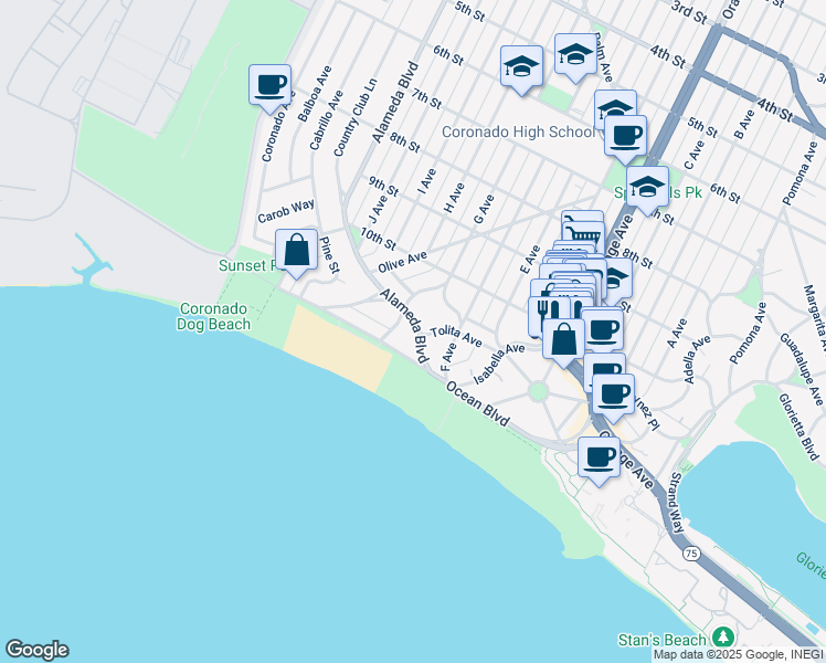 map of restaurants, bars, coffee shops, grocery stores, and more near 1220 Alameda Boulevard in Coronado