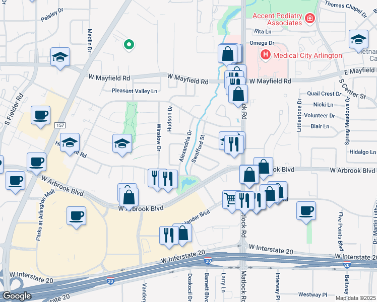 map of restaurants, bars, coffee shops, grocery stores, and more near 3600 Swafford Street in Arlington