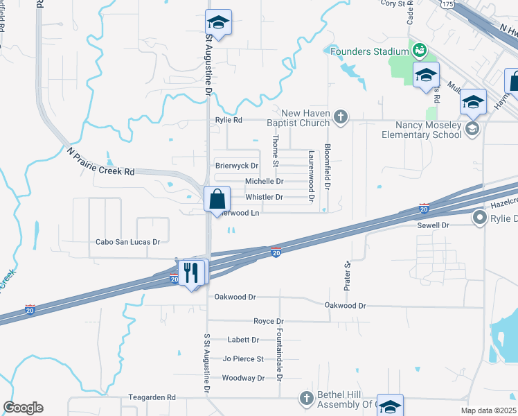 map of restaurants, bars, coffee shops, grocery stores, and more near 9721 Brierwood Lane in Dallas