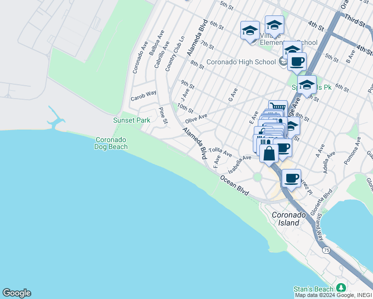 map of restaurants, bars, coffee shops, grocery stores, and more near 2 Ocean Drive in Coronado