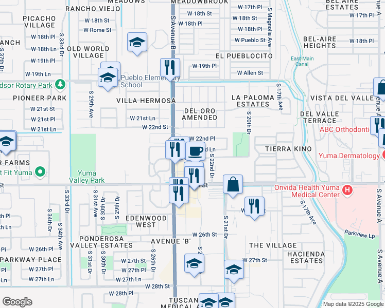 map of restaurants, bars, coffee shops, grocery stores, and more near 2264 South 23rd Drive in Yuma