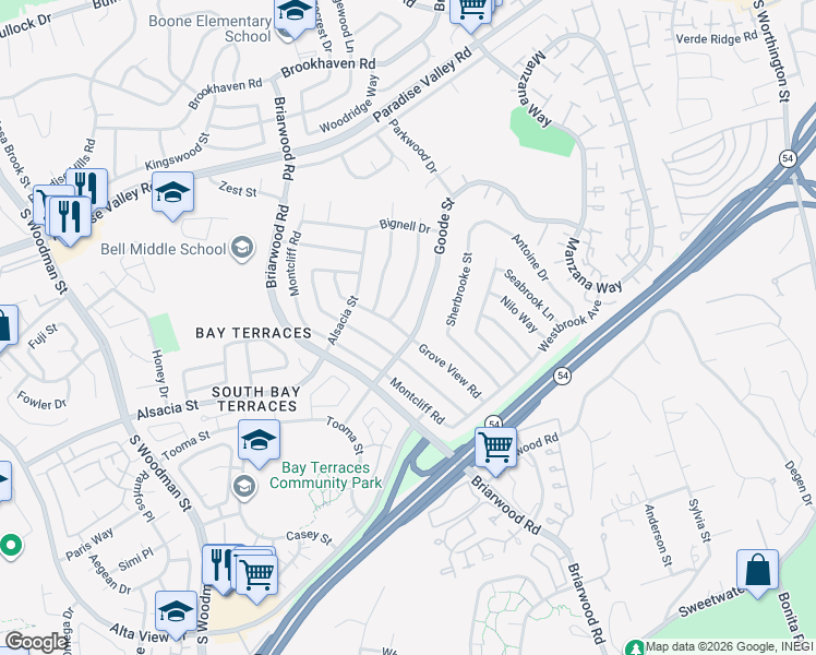 map of restaurants, bars, coffee shops, grocery stores, and more near 7429 Goode Street in San Diego