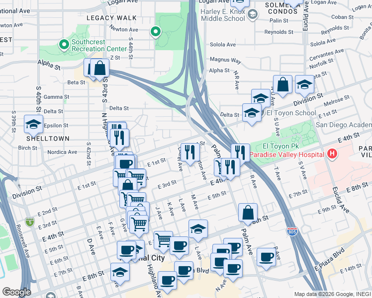 map of restaurants, bars, coffee shops, grocery stores, and more near 1314 Division Street in National City