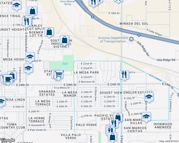 map of restaurants, bars, coffee shops, grocery stores, and more near 1502 East 23rd Street in Yuma
