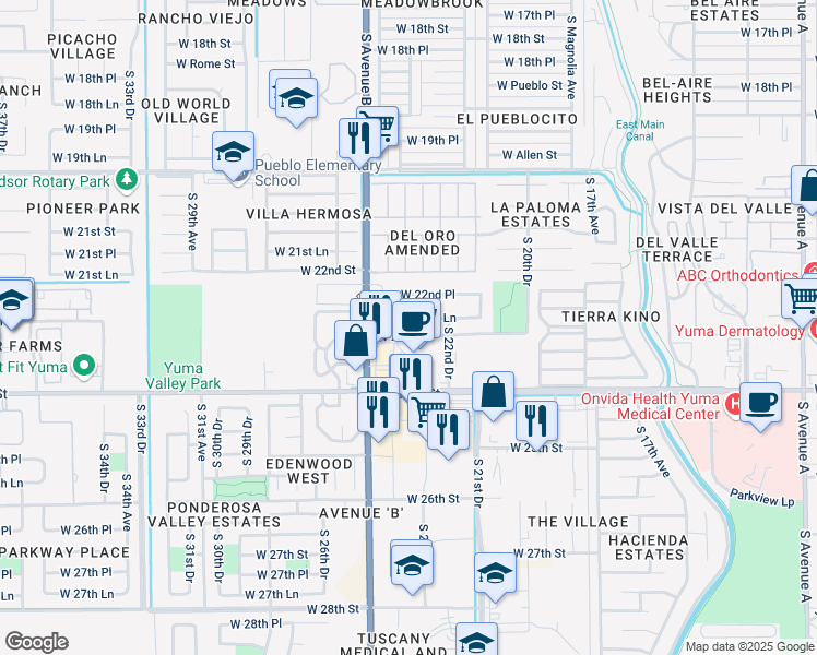 map of restaurants, bars, coffee shops, grocery stores, and more near 2264 South 23rd Drive in Yuma