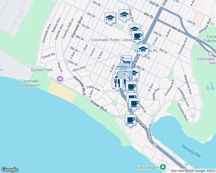 map of restaurants, bars, coffee shops, grocery stores, and more near 1054 Isabella Avenue in Coronado