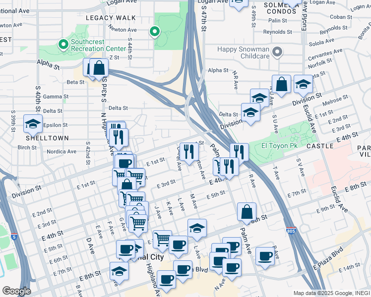 map of restaurants, bars, coffee shops, grocery stores, and more near 2 East 1st Street in National City