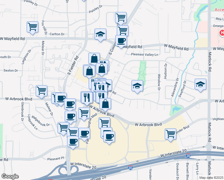 map of restaurants, bars, coffee shops, grocery stores, and more near 3638 Waverly Drive in Arlington