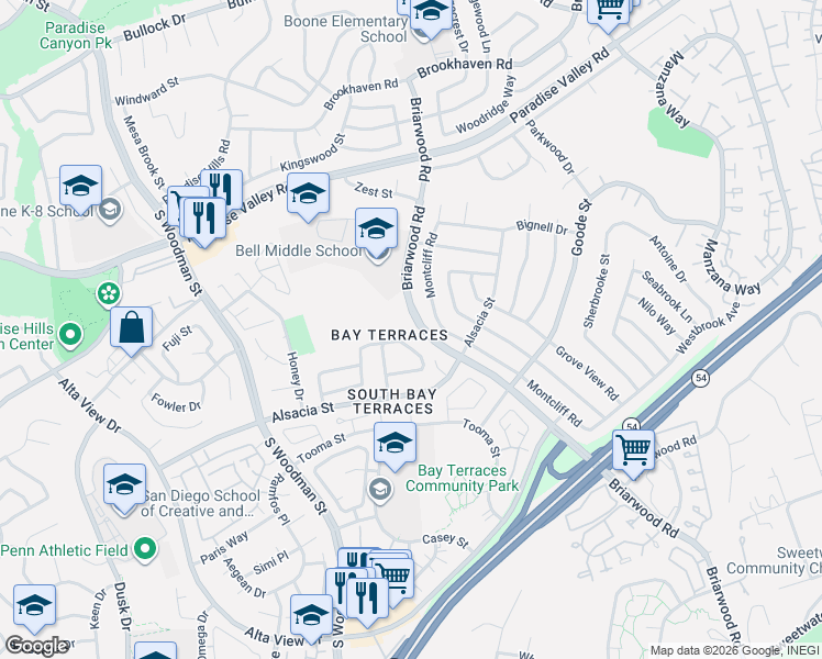 map of restaurants, bars, coffee shops, grocery stores, and more near in San Diego