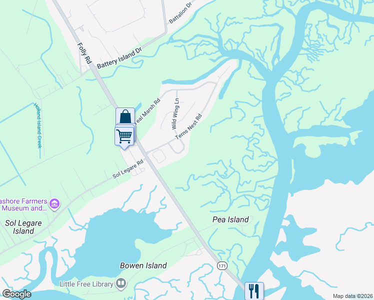 map of restaurants, bars, coffee shops, grocery stores, and more near 2014 Covey Lane in Charleston