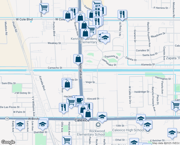 map of restaurants, bars, coffee shops, grocery stores, and more near Ritter Rd in Calexico