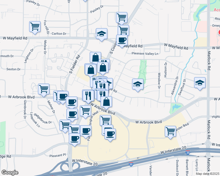 map of restaurants, bars, coffee shops, grocery stores, and more near 3636 Brookridge Drive in Arlington