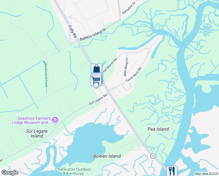map of restaurants, bars, coffee shops, grocery stores, and more near 1984 Folly Road in Charleston