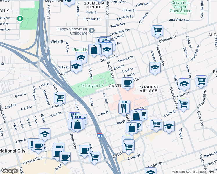 map of restaurants, bars, coffee shops, grocery stores, and more near 2235 East 4th Street in National City