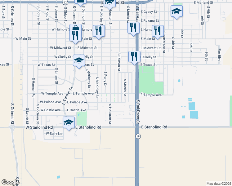 map of restaurants, bars, coffee shops, grocery stores, and more near 1232 South Houston Street in Hobbs