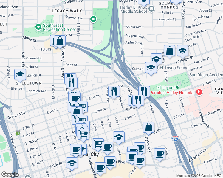 map of restaurants, bars, coffee shops, grocery stores, and more near 1314 Division Street in National City