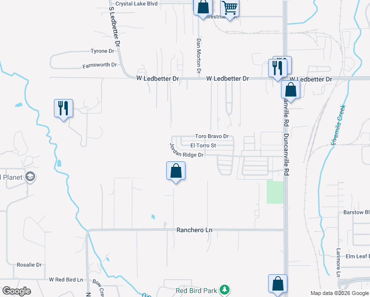 map of restaurants, bars, coffee shops, grocery stores, and more near 5366 El Torro Street in Dallas