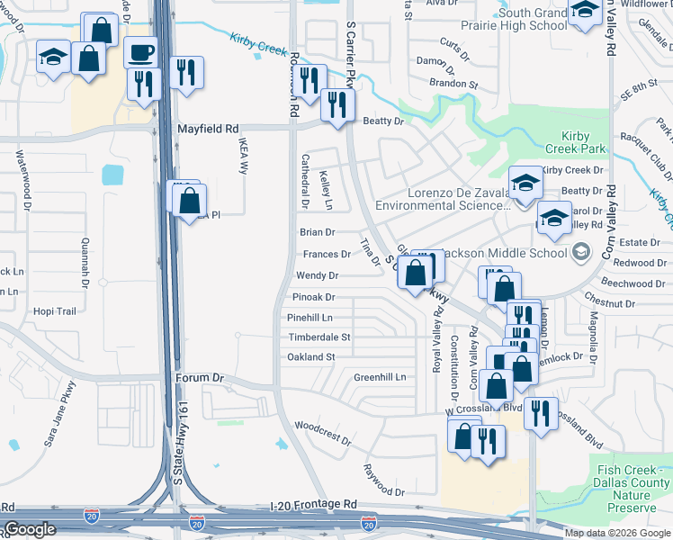 map of restaurants, bars, coffee shops, grocery stores, and more near 809 Frances Drive in Grand Prairie