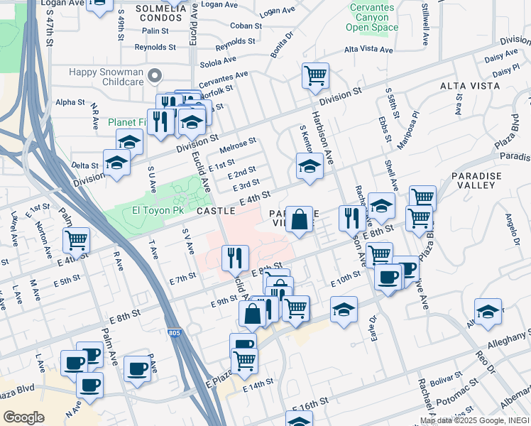 map of restaurants, bars, coffee shops, grocery stores, and more near 2621 Hill Drive in National City