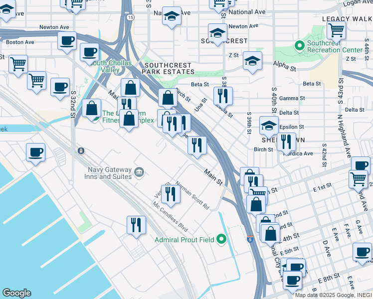 map of restaurants, bars, coffee shops, grocery stores, and more near 3666-72 Main Street in San Diego