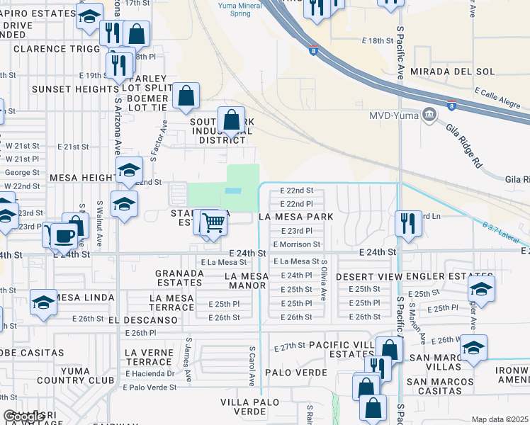 map of restaurants, bars, coffee shops, grocery stores, and more near 2256 South Mary Avenue in Yuma