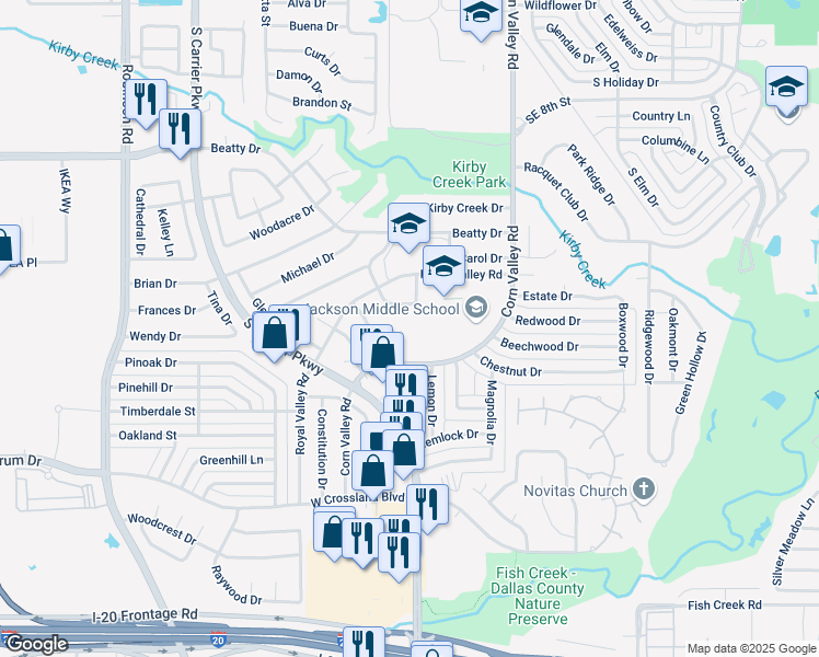 map of restaurants, bars, coffee shops, grocery stores, and more near 3529 Kirby Creek Drive in Grand Prairie
