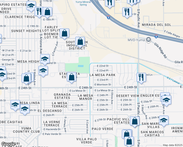 map of restaurants, bars, coffee shops, grocery stores, and more near 2256 South Mary Avenue in Yuma