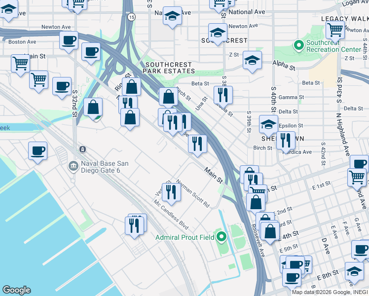 map of restaurants, bars, coffee shops, grocery stores, and more near 3665 Dalbergia Street in San Diego