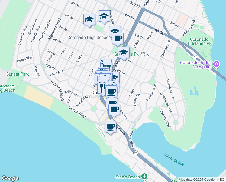 map of restaurants, bars, coffee shops, grocery stores, and more near 926 C Avenue in Coronado