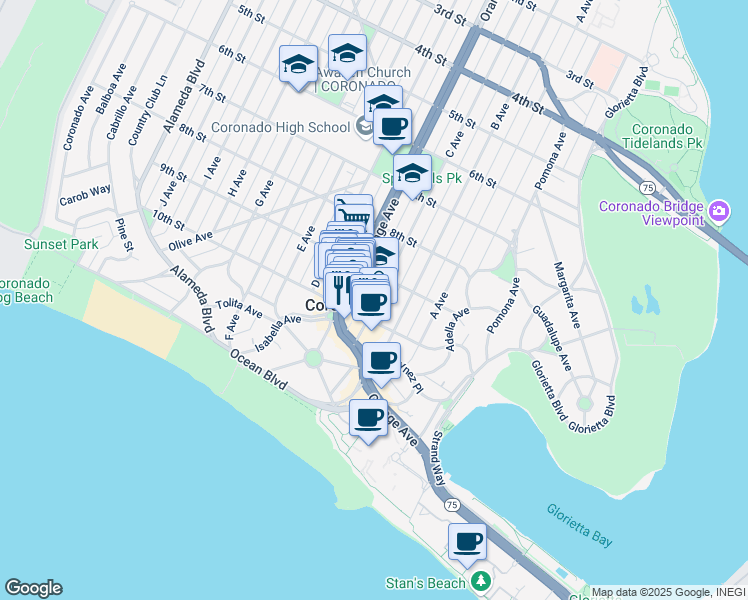 map of restaurants, bars, coffee shops, grocery stores, and more near 926 C Avenue in Coronado