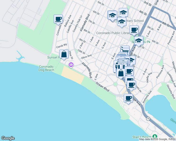 map of restaurants, bars, coffee shops, grocery stores, and more near 1105 G Avenue in Coronado