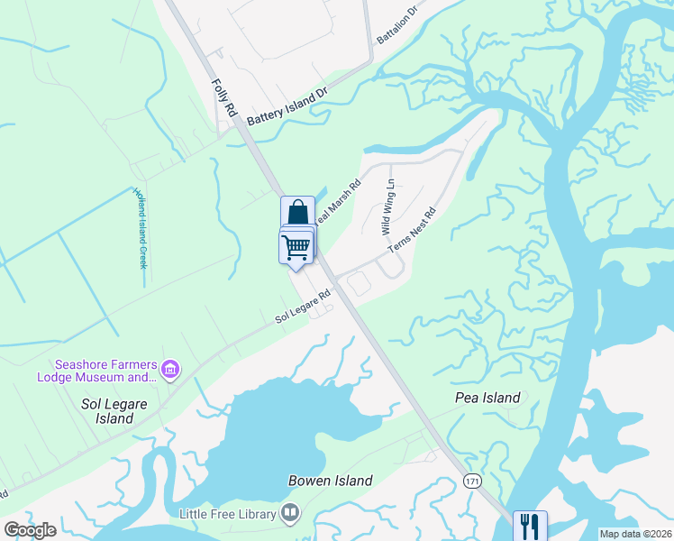 map of restaurants, bars, coffee shops, grocery stores, and more near 1984 Folly Road in Charleston