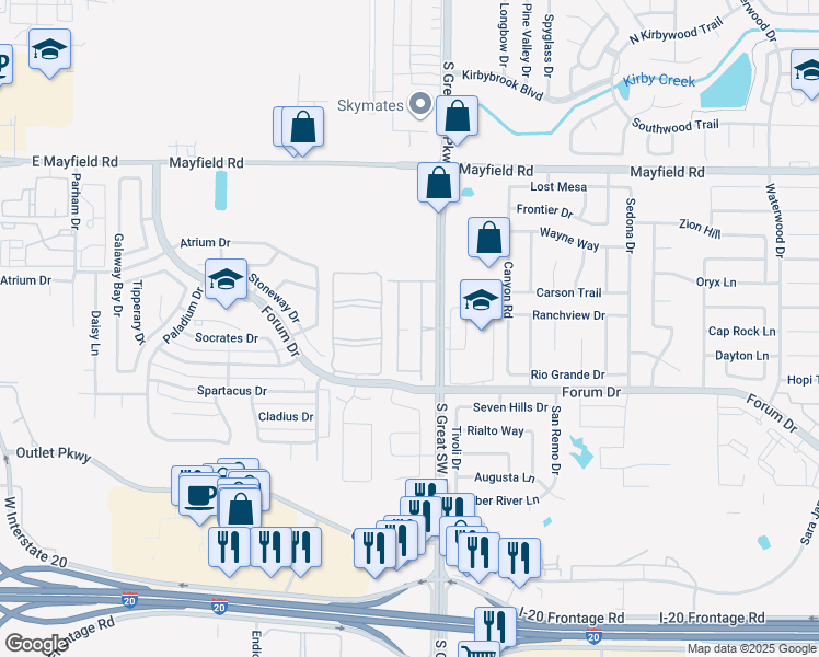 map of restaurants, bars, coffee shops, grocery stores, and more near 23 Forest Trail Drive in Grand Prairie