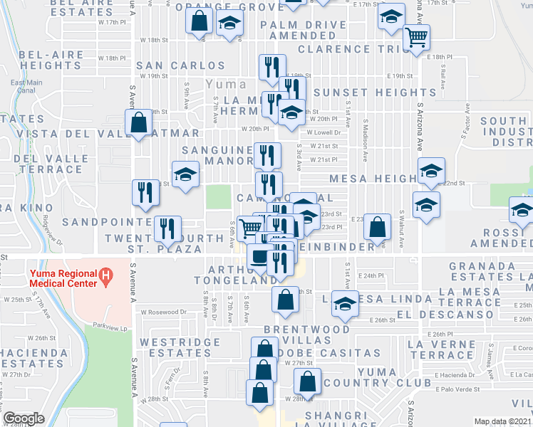 map of restaurants, bars, coffee shops, grocery stores, and more near 2260 South 4th Avenue in Yuma