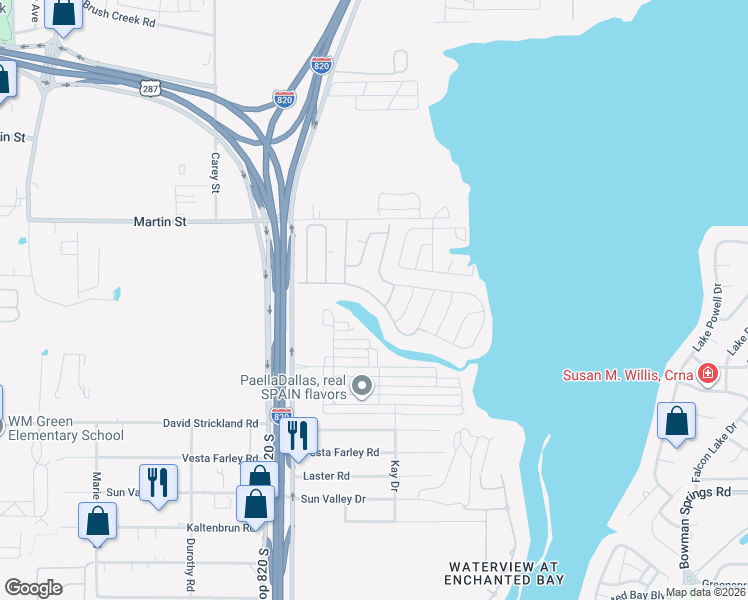 map of restaurants, bars, coffee shops, grocery stores, and more near 5040 Lake Arlington Road in Fort Worth