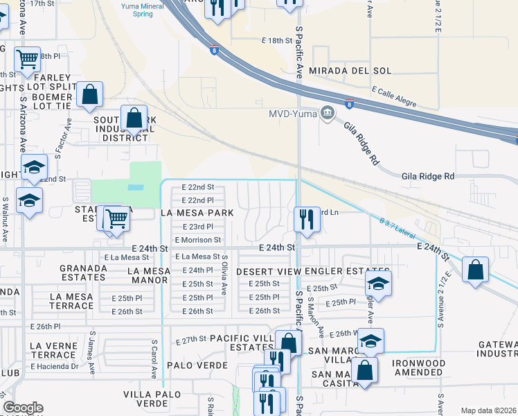 map of restaurants, bars, coffee shops, grocery stores, and more near 2257 South Olivia Avenue in Yuma