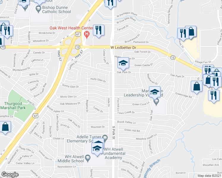map of restaurants, bars, coffee shops, grocery stores, and more near 4726 Jade Drive in Dallas