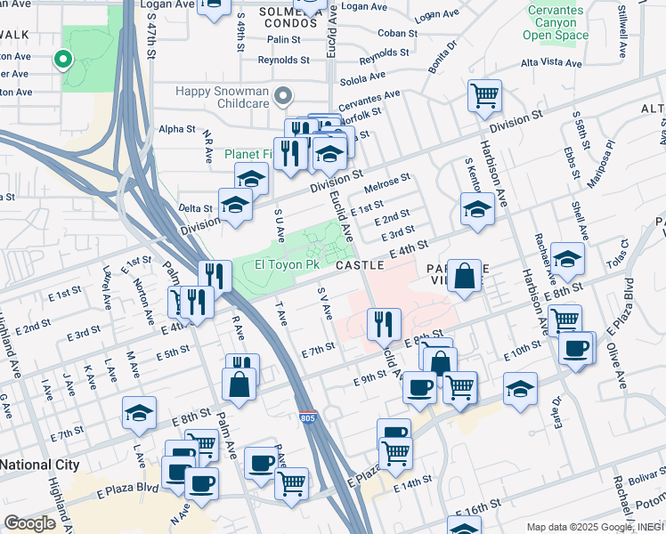 map of restaurants, bars, coffee shops, grocery stores, and more near 2235 East 4th Street in National City