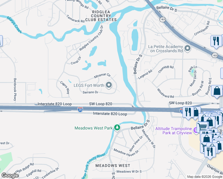 map of restaurants, bars, coffee shops, grocery stores, and more near 6901 Miramar Circle in Fort Worth